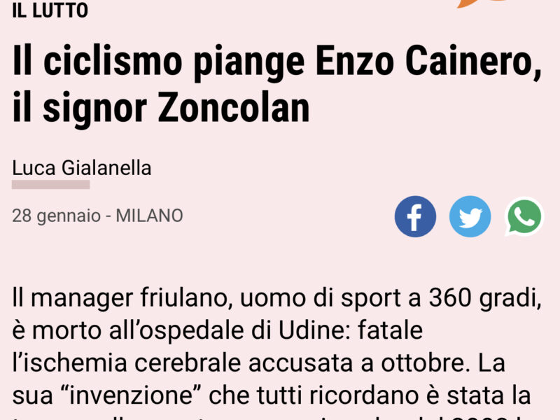 Il ciclismo piange Enzo Cainero, il signor Zoncolan 